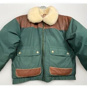 Vintage Eddie Bauer Down Jacket Men’s L Sherpa Collar Leather Patches Work
